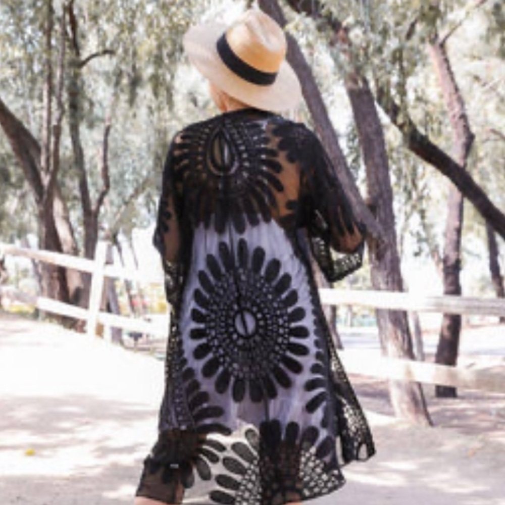 Comfy Lux Black embroiled kimono swim cover up festival nwt bloggers fav…